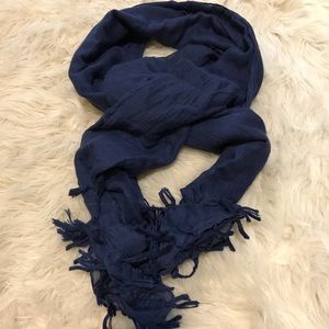 Navy Blue gauzy light weight scarf with fringe.
